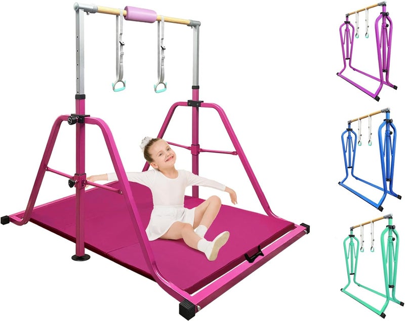 kechery Foldable & Moveable Gymnastics Horizontal Bar with Rings,3’to 5’Adjustable Height Expandable Junior Kip Bar for Home,Indoor Gym Equipment for Kids - Image 1